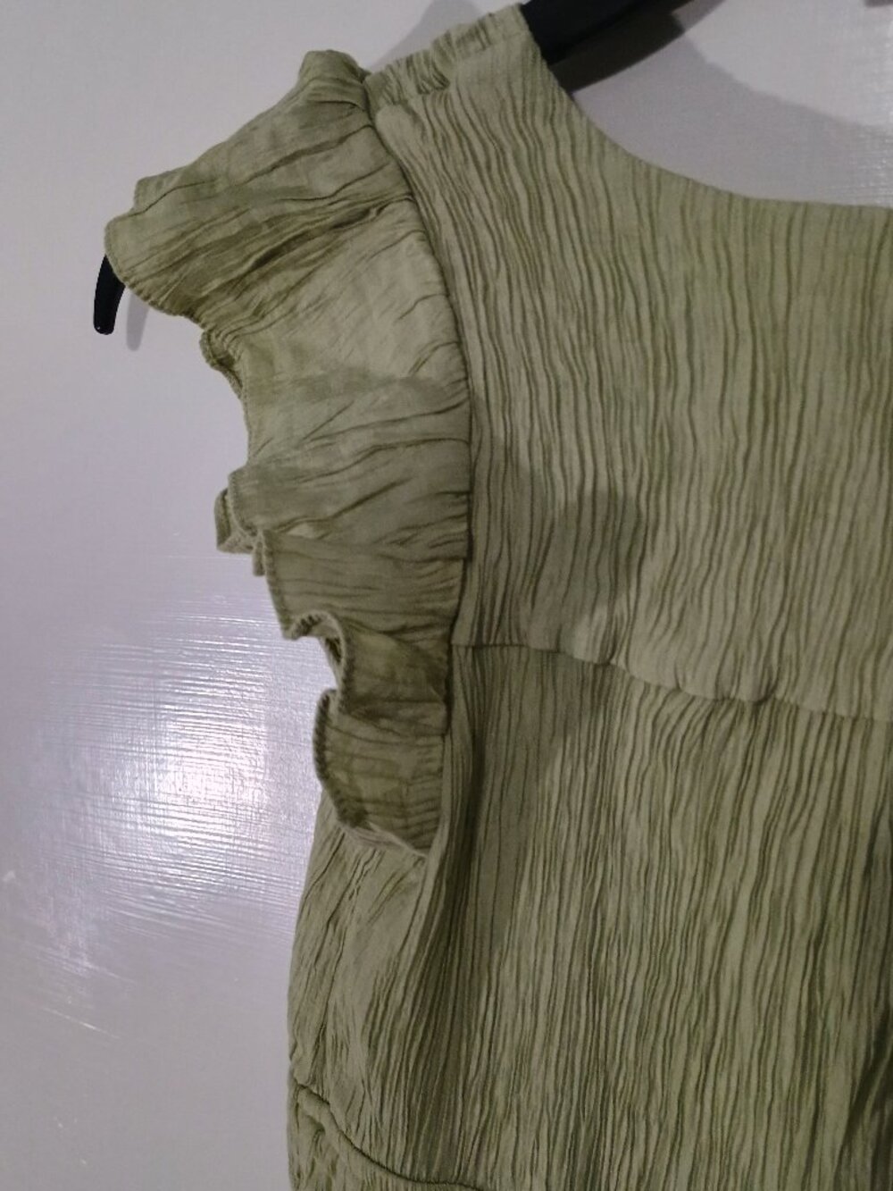 MINE Sage Green Crinkle Ruffle Sleeve Shirred Waist Mini Dress M - Picture 9 of 11